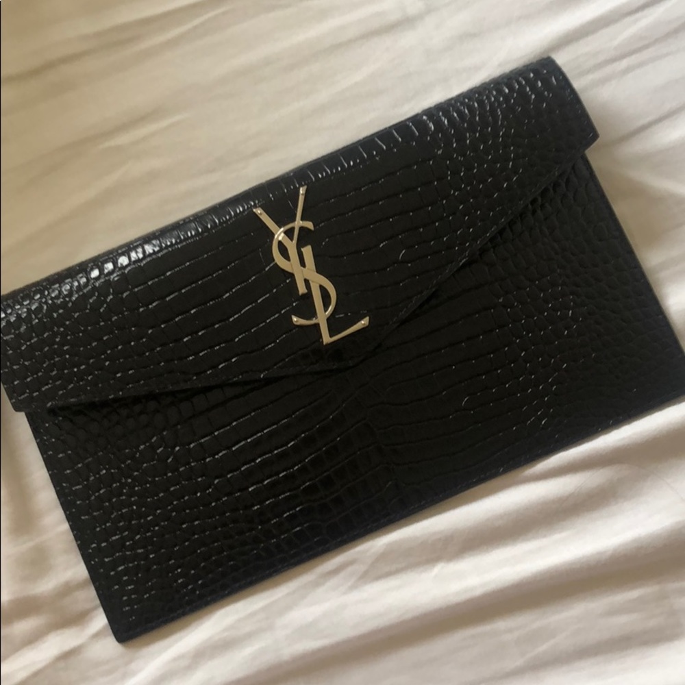 Yves Saint Laurent YSL Black Croc-Embossed Uptown Clutch with Silver Logo